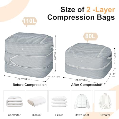 Comforter Storage Bag - 110L Large Capacity Blanket Storage Bags 2-Layer Ultra Space Saving Self Compression Organizer, Washable Compression Bags for Storage Comforter Blanket, 4-Pack, Grey - Image 2