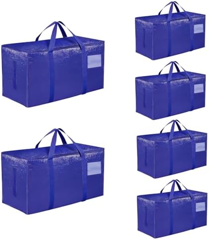 6 Pack-Extra Large Heavy Duty Moving Bags - Waterproof Storage Totes with Handles & Zippers, Foldable for College Dorm, Storage (Blue) by Unknown