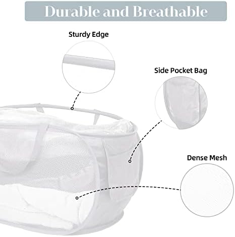 Strong Mesh Pop Up Laundry Basket, Collapsible Laundry Hamper with Side Pocket, Foldable Clothes Hamper with Durable Reinforced Handles for Laundry, Bathroom, Kids Room, Dorm or Travel 2 Pack White - Image 4