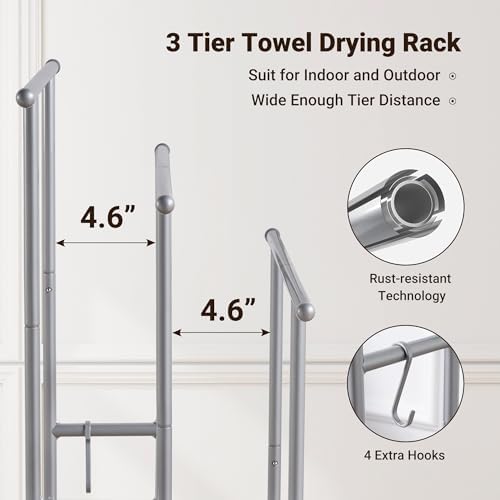 ELYKEN 3 Tier Freestanding Towel Rack with Shelf, 40" H Towel Stand, Silver - Image 4