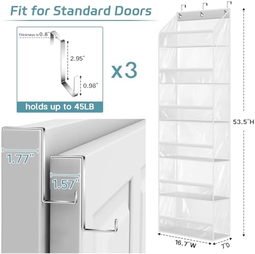 AOODA Clear Over the Door Hat Racks for Baseball Caps, Large Holds up to 72 Caps Hat Storage Organizer for Closet Wall, Deep Pockets Hanging Snapback Holder Shelves with 3 Hooks, White - Image 6