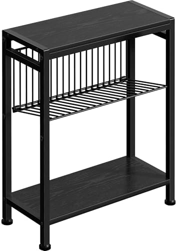 End Table for Small Space, 3-Tier Narrow Side Table with Magazine Holder, Nightstand, Skinny Snack Couch Table in Living Room, Bedroom Study and Balcony (Black) by HOME