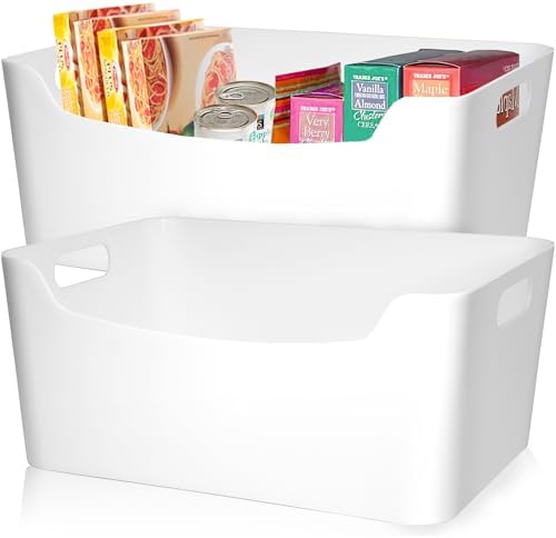 FINESSY White Plastic Storage Bins for Pantry with Handle 2 Pack White Bins by Finessy