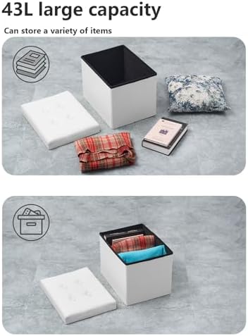 Bsketa Storage Ottoman Bench,17 Inch Folding Leather Foot Rest Stool,White - Image 5