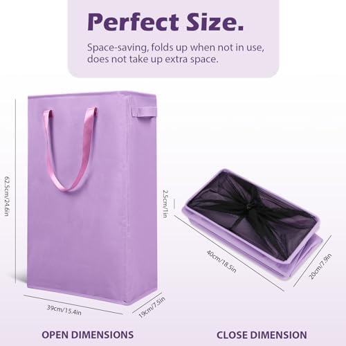 Odonata Slim Laundry Hamper Handles Collapsible Laundry Basket Thin Dirty Clothes Basket Narrow Laundry Bag Foldable Dirty Hamper 45L (Light Purple) - Image 2