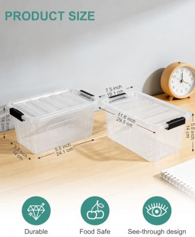 EOENVIVS Plastic Storage Bins with Lids 6 Pack, 6.7 Quart Storage Containers With Black Buckle Latch, Stackable Storage Organizers for Home Pantry Office Classroom Organization, Clear - Image 2
