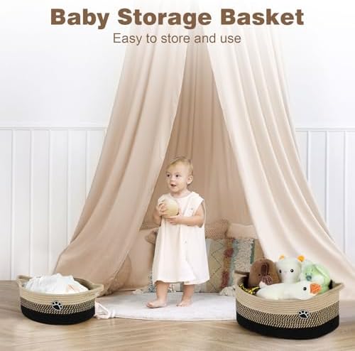 Optish Dog Toy Basket, Toy Box and Bin for Dog Cat Storage, 13.5" X 11" X 5" Small Woven Rope Basket for Baby Storage, Closet, Living Room, Brown & Black - Image 4
