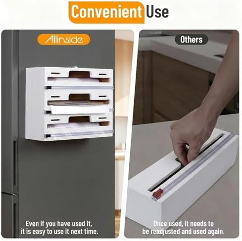 Allinside Magnetic Plastic Wrap Dispenser with Cutter, 3 in 1 Refrigerator Bamboo Wood Organizer for Tin Foil, Baking, Wax Paper Holder Kitchen Storage Box Compatible with 12.9" Roll, White (3 Layer) - Image 4