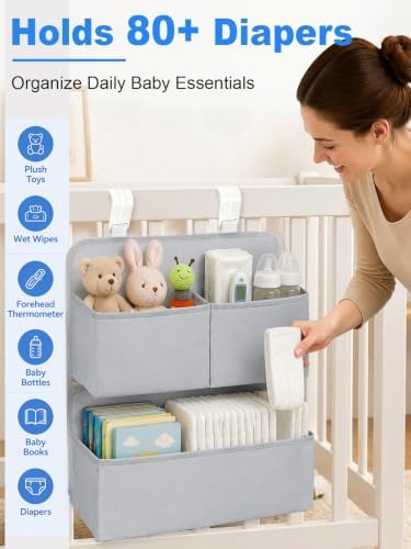 Hanging Diaper Organizer for Bassinet/Crib/Playpen/Playard – Hold 80+ Diapers - Changing Table Diaper Holder Attachment Accessories- Diaper Stacker Nursery Caddy Organizer (Gray) - Image 2