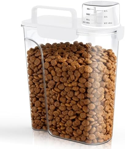 Uppetly Dog Cat Food Storage Container, 5-7Lbs Pet Food Containers, Airtight Cat Food Container with Portable Handle & Measuring Cup, Small Animal Dry Food Dispenser for Dogs, Cats and Birds White by Uppetly