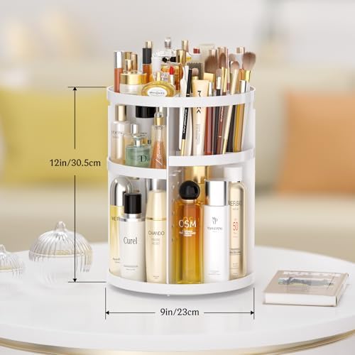 Makeup Organizer 360 rotating, Adjustable Skincare Organizers with Brush Holder, Cosmetics Display Cases for Vanity Bathroom Countertop Large Capacity Carousel Make up Caddy Shelf (White) - Image 2