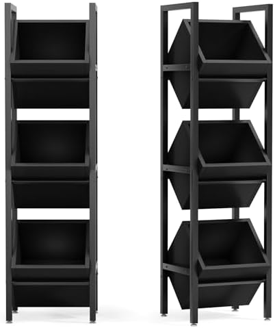LITTLE TREE 3-Tier Basket Stand, Wooden Floor Stand Shelving Unit, Rustic Standing Organizer Storage Rack for Kitchen, Bathroom, Living Room (Black, 2) by LITTLETREE