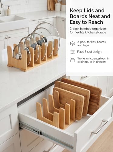 2 Pack Bamboo Pot Lid Organizer for Drawer & Cabinet, 6-Slot Lid Holder - Image 2