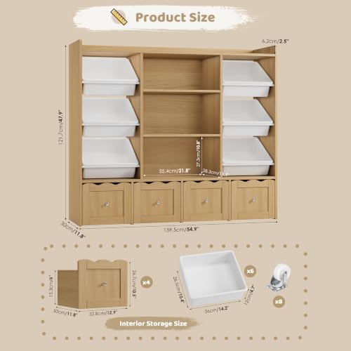 HITHOS 55"W Kids Toy Storage Organizer with 10 Toy Box & Bookshelf, Natural - Image 2
