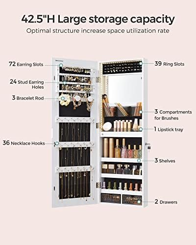 SONGMICS Mirror Jewelry Cabinet Armoire, Wall or Door Mounted, Lockable - Image 4