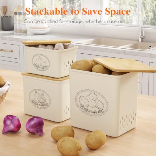 Lifewit Plastic Potato and Onion Storage Bin Box, Set of 3, Beige - Image 4
