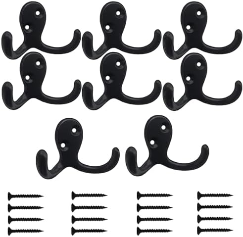 Kruodop 8 Pack Wall Hooks Wall Mounted Coat Hooks for Hanging Heavy Duty, Black Towel Hooks, Metal Double Coat Hanger with Screws Cup Retro for Coats, Handbags, Towels, Hat by Kruodop