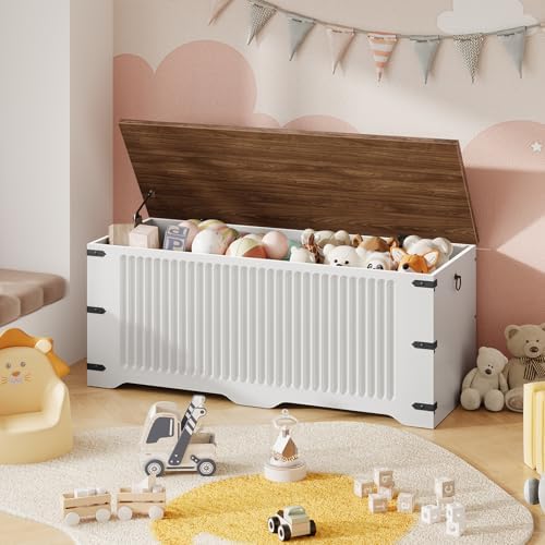 HOOBRO Storage Bench, Toy Box Organizer, Toy Chest with Safety Hinge, Farmhouse Style Storage Chest, 39.3 x 15.7 x 17.7 Inches for Living Room, Bedroom, Entryway, White and Walnut WH26CW01 - Image 2