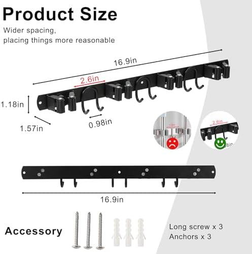 Broom Holder Wall Mount, Stainless Steel Mop Hanger with 4 Slots 6 Hooks, Tool Storage Wall Organizer for Kitchen Garden Garage Laundry Room Bathroom and RV, Black 1-Pack - Image 4
