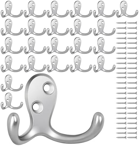 Homanu 24 Pack Silvery Coat Hooks Wall Mounted Double Prong with 48 Screws by Homanu