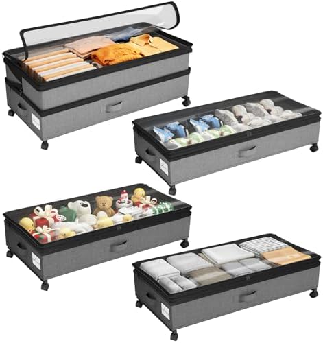 Kitstorack 4 Pack Height-adjustable Under Bed Storage with Wheels, Under Bed Storage Containers,Under Bed Shoe Storage Organizer with Clear Window&Label, Suitable for Clothes Storage, Gray by Kitstorack