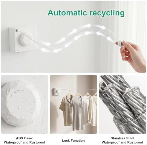 RFOUO Wall Mounted Retractable Clothesline Indoor & Outdoor, 4.2M,White - Image 4