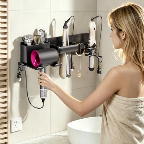 5 in 1 Hair Dryer Holder Hair Tool Organizer Metal Wall Mount (Black) - Image 3