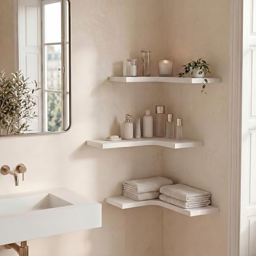 Corner Floating Shelves for Wall Mounted L-Shaped Wood Corner Wall Shelf, Hanging Shelf for Bathroom, Bedroom, Kitchen, Living Room, Office, Home Decor, Set of 3 (White) - Image 7