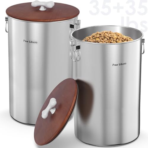 2 Pack 35 lb Stainless Steel Dog Food Storage Container Set with Wooden Lid by PawLibero