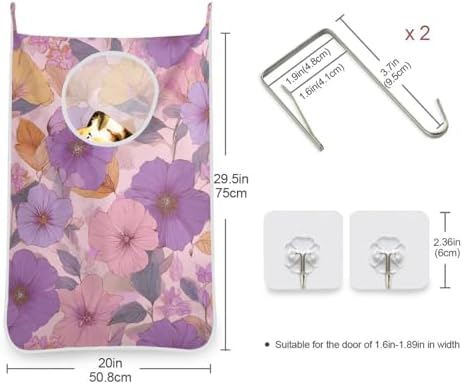 Hanging Laundry Hamper Bag Over the Door Laundry Hamper Wall Hamper Large Dirty Clothes Hamper with Stainless Steel Hooks 29.5X20inch 1PCs Purple Floral Spring - Image 3