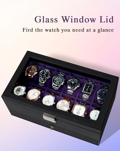 GUKA Watch Box, 12 Slot Watch Case, Watch Cases for men with Real Glass Lid, Synthetic Leather Watch Organizer storage with Jewelry Case, Birthday for Men and Women, Blue Purple - Image 3