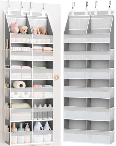 Criusia Over the Door Organizer, Extra Large 12 Compartments Closet Hanging Storage with 14 Mesh Pockets, 85lbs Capacity Behind the Door Storage for Baby Nursery, Bathroom, Bedroom, and Dorm, Grey by Criusia