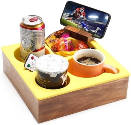 Couch Cup Holder Tray, Handy Soft Silicone Acacia Wooden Couch Caddy for Bed Car Seat Beach Organizer, Waterproof Anti-spill Sofa Cup Holder for Snacks Beverage Remote (Yellow) by Hitseon