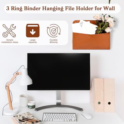 3 Pcs PU Leather Mail Holder Wall Mount 9.8x7.7 Inch Brown Letter Holder Vintage Hanging Mail Organizer 2 Ring Bill Organizer for Wall Decor Storage Letter Postcards Bill Flowers Office Home - Image 5
