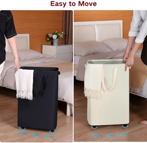Slim Laundry Hamper with Wheels, Rolling Laundry Basket for Clothes, Small Laundry Basket for Bedroom, Dorm and Laundry Room, 75L (19.8 Gallons) Beige - Image 4
