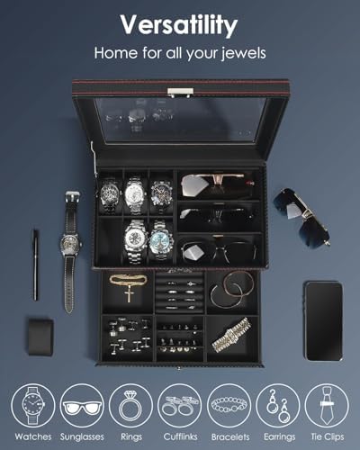 Kukikan Mens Jewelry Box Organizer, 6 Watch Slots & 3 Sunglasses -Black - Image 3