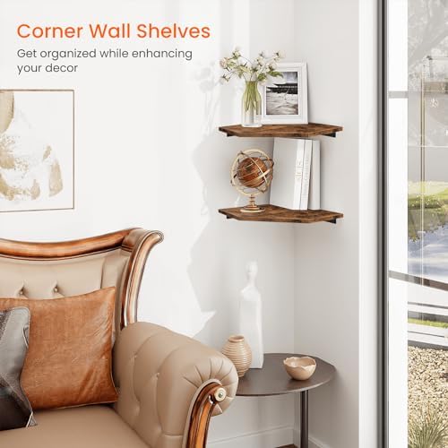 Homode Corner Shelf Wall Mount, Set of 2 Floating Corner Shelf Organizer for TV Accessories, Speaker, Cable Box, Game Console, Storage for Bathroom Kitchen Living Room Bedroom, Rustic Brown - Image 4