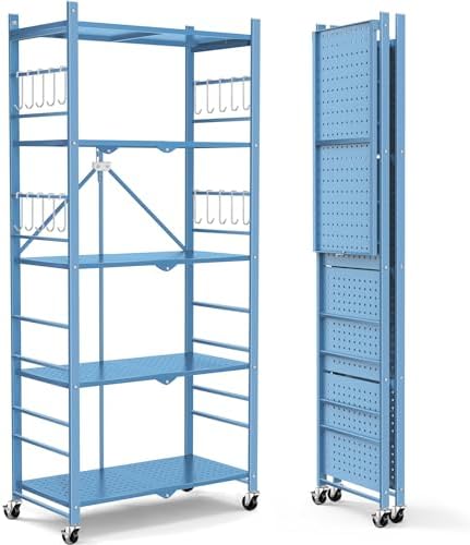 Himix 5-Tier Foldable Storage Shelves with 20 Hooks Wheels Garage Blue by Himix