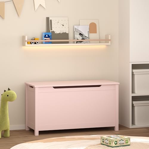 Kids Toy Box Chest, Large Wooden Storage Trunk Bench with Safety Hinged Lid for Ages 3+ Pink by BAOMKONG
