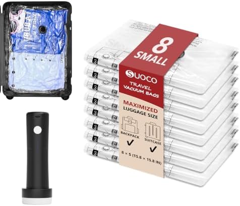 Travel Vacuum Bags for Clothing with Cordless Pump 8 Small, Clear by SUOCO