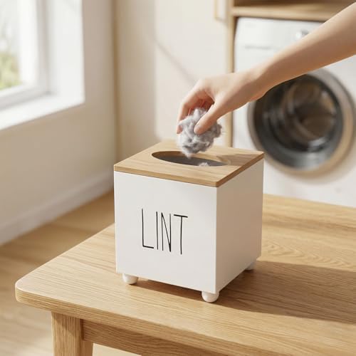 Lint Bin for Laundry Room, Farmhouse Lint Box, Wooden Lint Holder with Lid, Lint Container for Laundry Room Decor, Dryer Lint Trash Can for Laundry Accessory Organization - Image 2