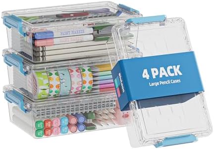 BiuLeon 4 Pack Extra Large Pencil Box, Plastic Pencil Case Organizer, Clear Crayon Box Marker Organizer, Stackable Craft Organizers and Storage for Pen, Craft, Art Supply(Blue) by Unknown