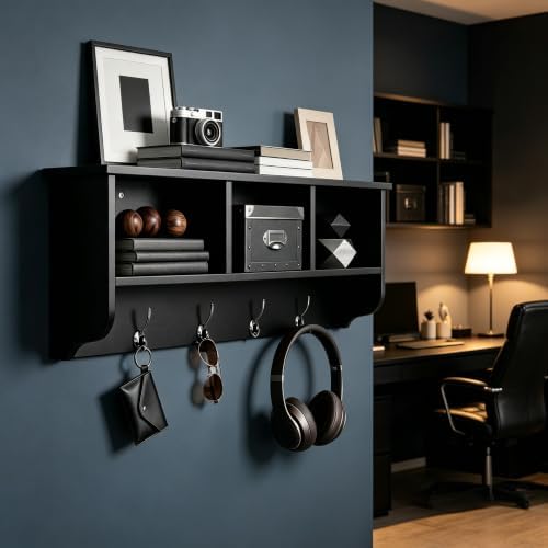 38.6inch Wall Mounted Entryway Coat Rack with Storage Shelf 4 Dual Hooks Wooden Storage Living Room Wall Cabinet with 3 Cubbies Space Saving Hanging Shelf for Hats Bags Coats (Espresso) - Image 5