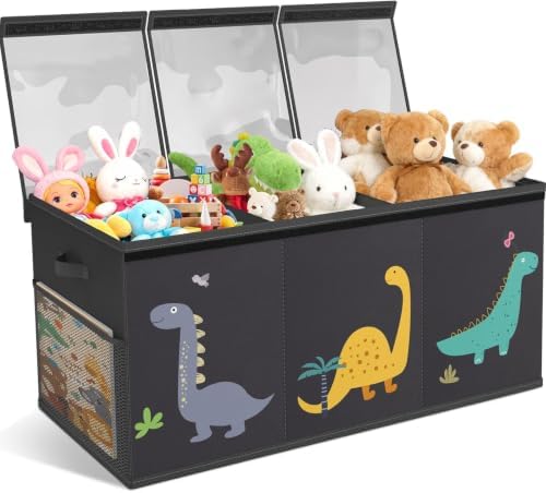 Large Toy Box Chest Storage with Lid - Collapsible Kids Toys Boxes Organizer Bins Baskets Container with Handles for Boys, Girls, Nursery, Playroom, Clothes, Blanket, Bedroom (Tri-fold black) by VERONLY
