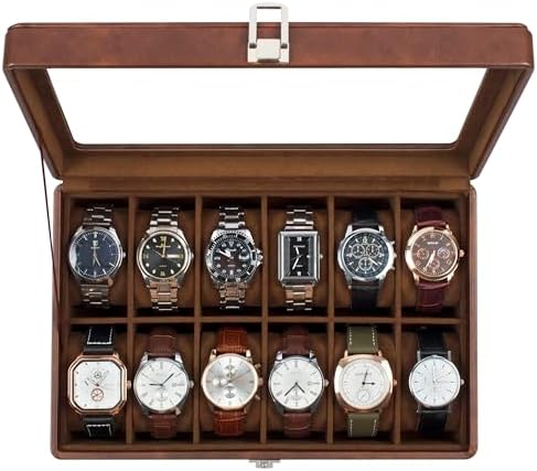 GUKA Watch Case, 12 Slot Watch Box with Large Real Glass Lid, Watch Organizer with Removable Watch Pillow, Brown Retro Synthetic Leather Watch Display, Brown by GUKA