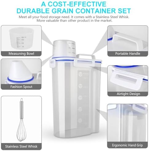Uppetly Rice Airtight Dry Food Storage Containers, BPA Free Plastic Sealed Holder Bin Dispenser with Pouring Spout, Measuring Cup for Cereal, Flour and Oatmeal, Include a Stainless Steel Whisk - Image 3