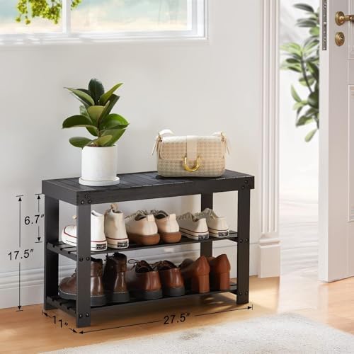 Pipishell 3 Tier Bamboo Shoe Rack Bench for Entryway, Black - Image 3