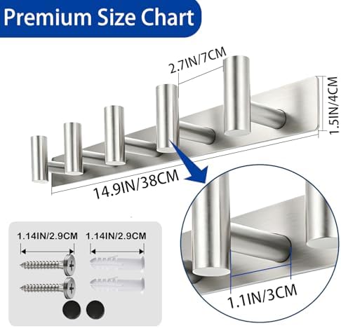 Brushed Nickel Coat Rack Wall Mount - 5 Hooks, Heavy Duty Stainless Steel Wall Hooks for Towels, Coats, Robes, Bags, Hats, Keys, Wall Coat Hanger for Bathroom, Entryway, Kitchen, Hotel, Bedroom,Office - Image 3