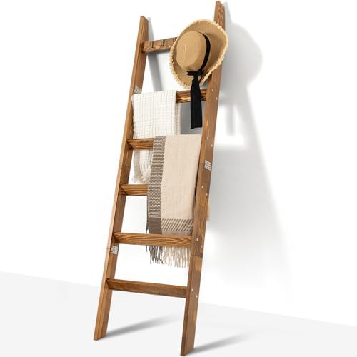 TEAKMAMA 6-Tier 5.4ft Blanket Ladder with Hooks Farmhouse Honey Brown by TEAKMAMA