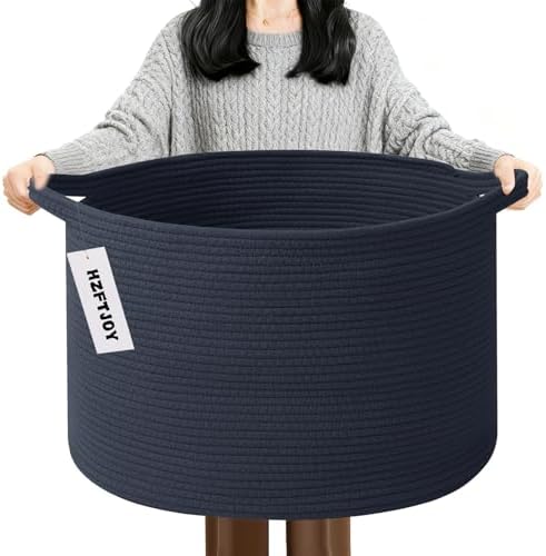 90L Extra Large Blanket Basket,Woven Rope Laundry Basket-Dark Blue by HZFTJOY